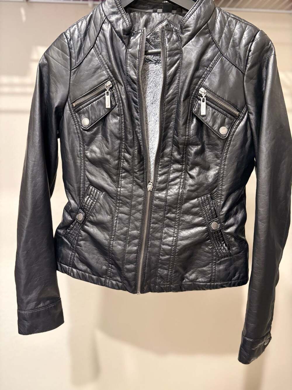 Jou Jou Black Faux Leather Moto Jacket with Faux Fur Lining
